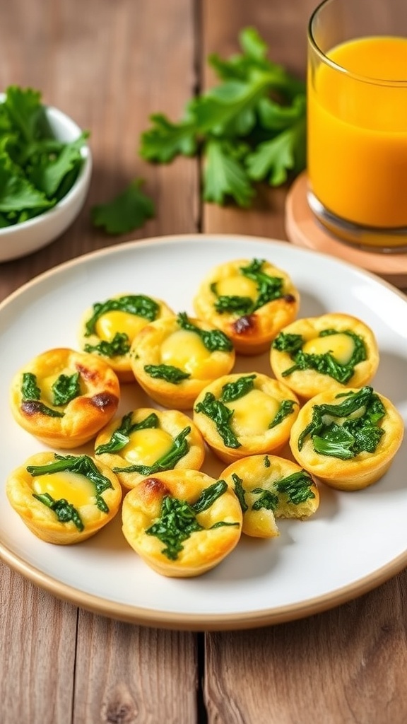 A plate of golden kale and cheese egg bites, showcasing their fluffy texture and vibrant green ingredients.